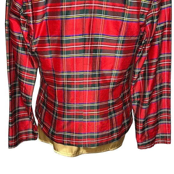 Vintage Painted Pony Red Tartan Plaid Silk Cropped Blazer Chunky Buttons Size 12 - Picture 9 of 16